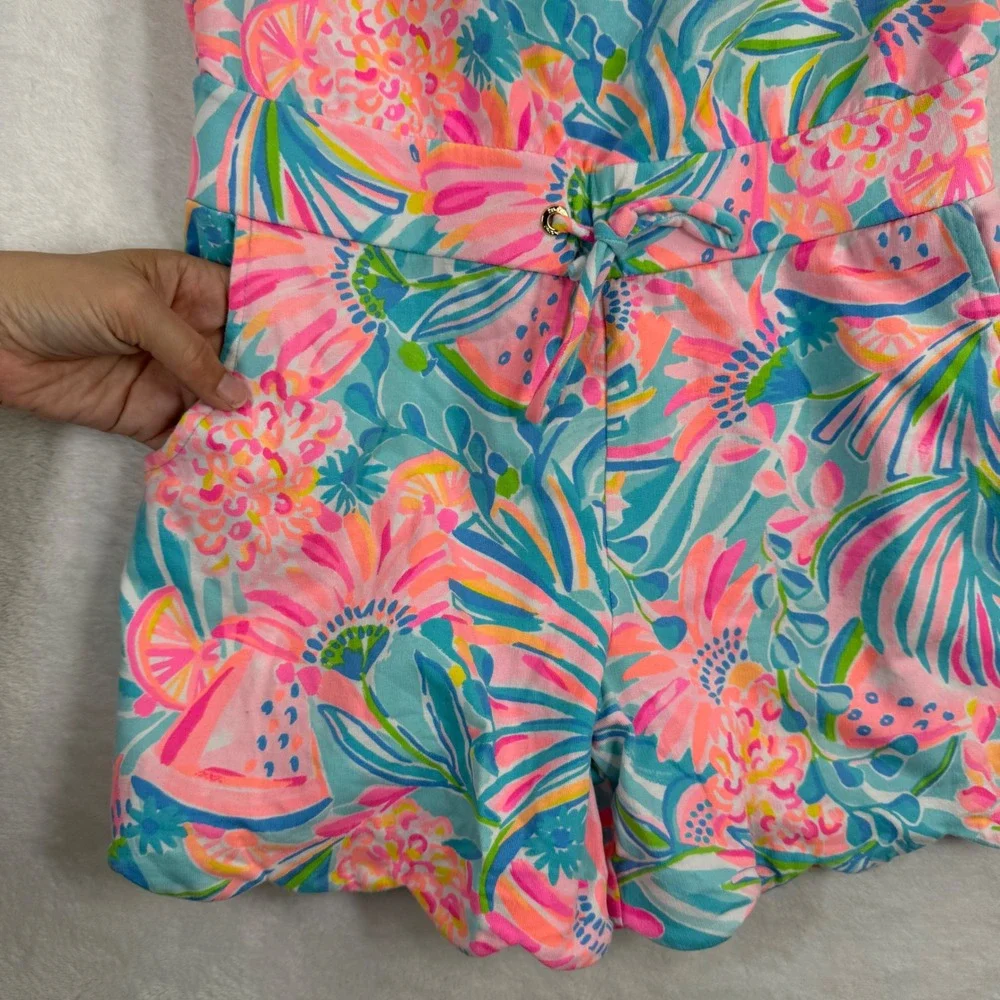 Lilly Pulitzer Donna Strapless Romper XS Pink Blue Floral Scalloped French Terry